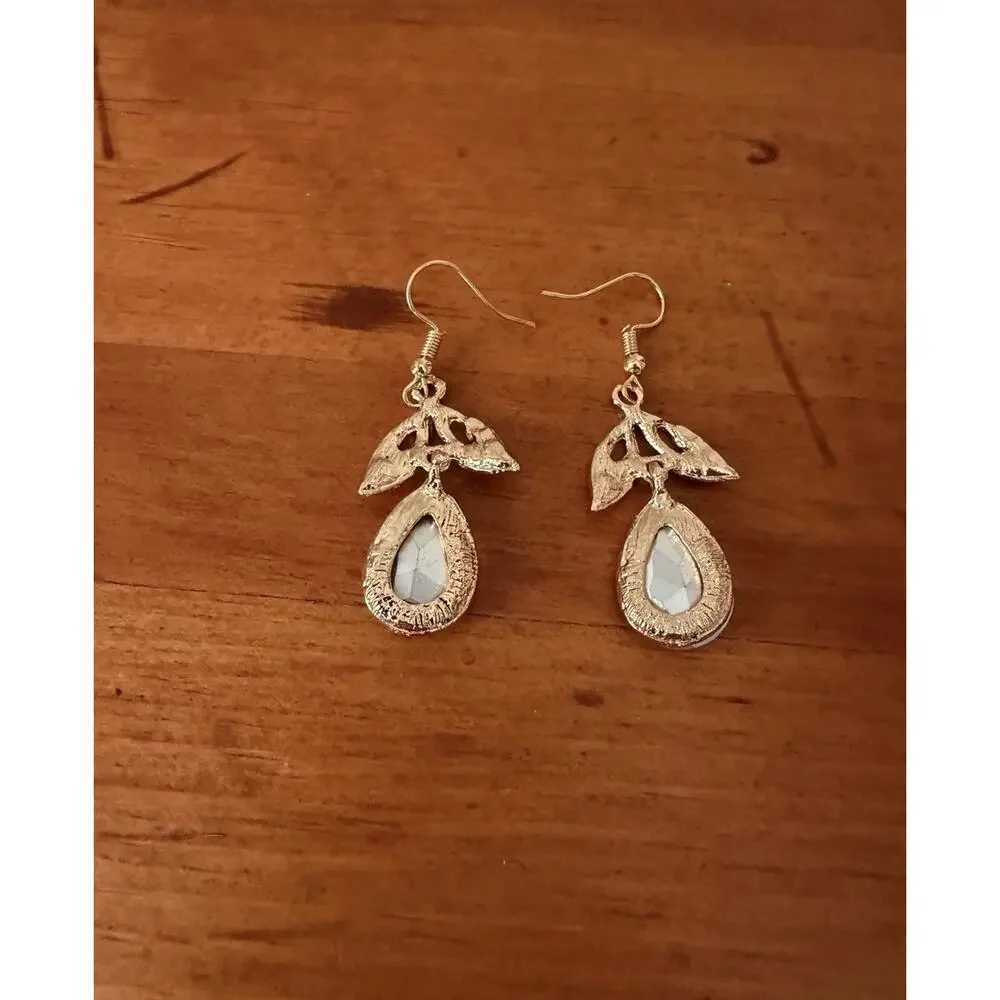 Crystal Teardrop Dangle Earrings Gold Tone Leaf Bridal Wedding Prom Formal